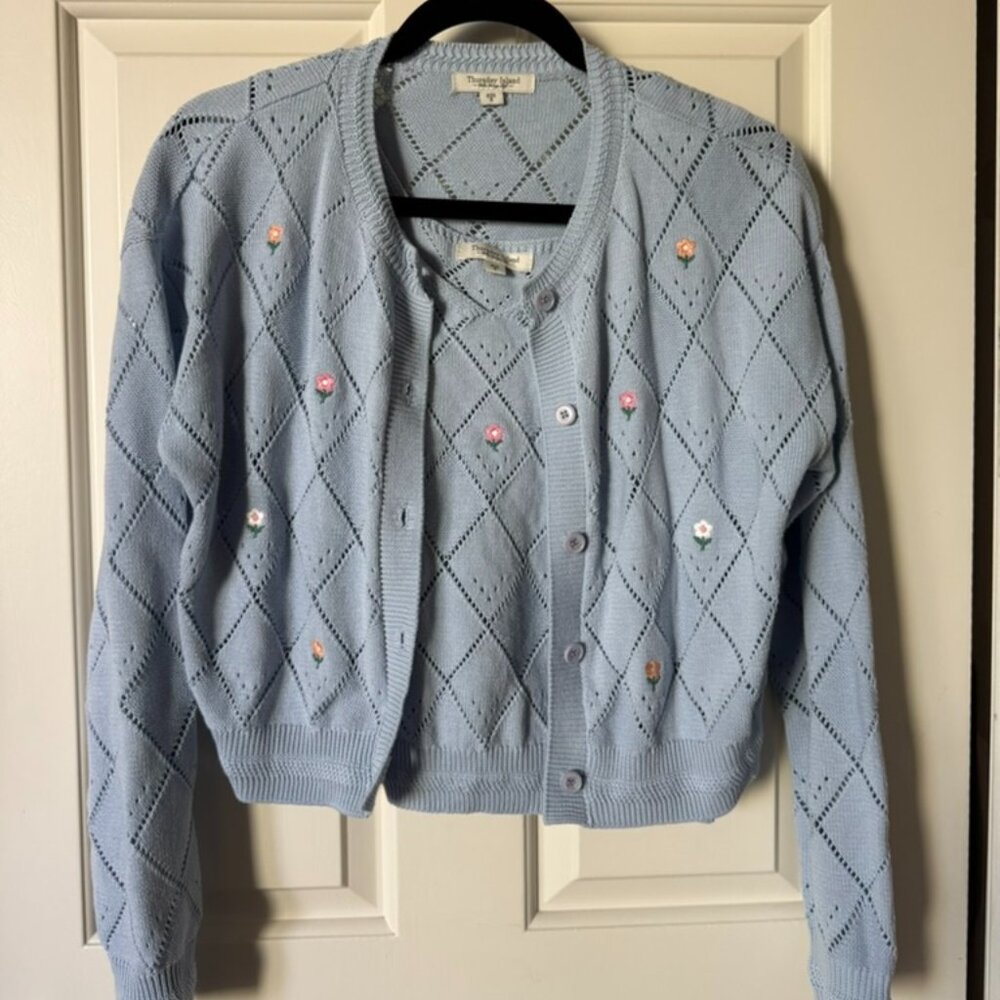 Floral Blue Cardigan Sweater and shell